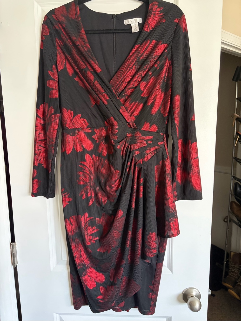 London Times Black Dress with Red Floral Print, Long Sleeve Wrap